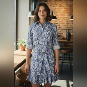 CHAPS Women's Floral Shirt Dress Button Front Ruffle Roll Tab Sleeve Blue Medium